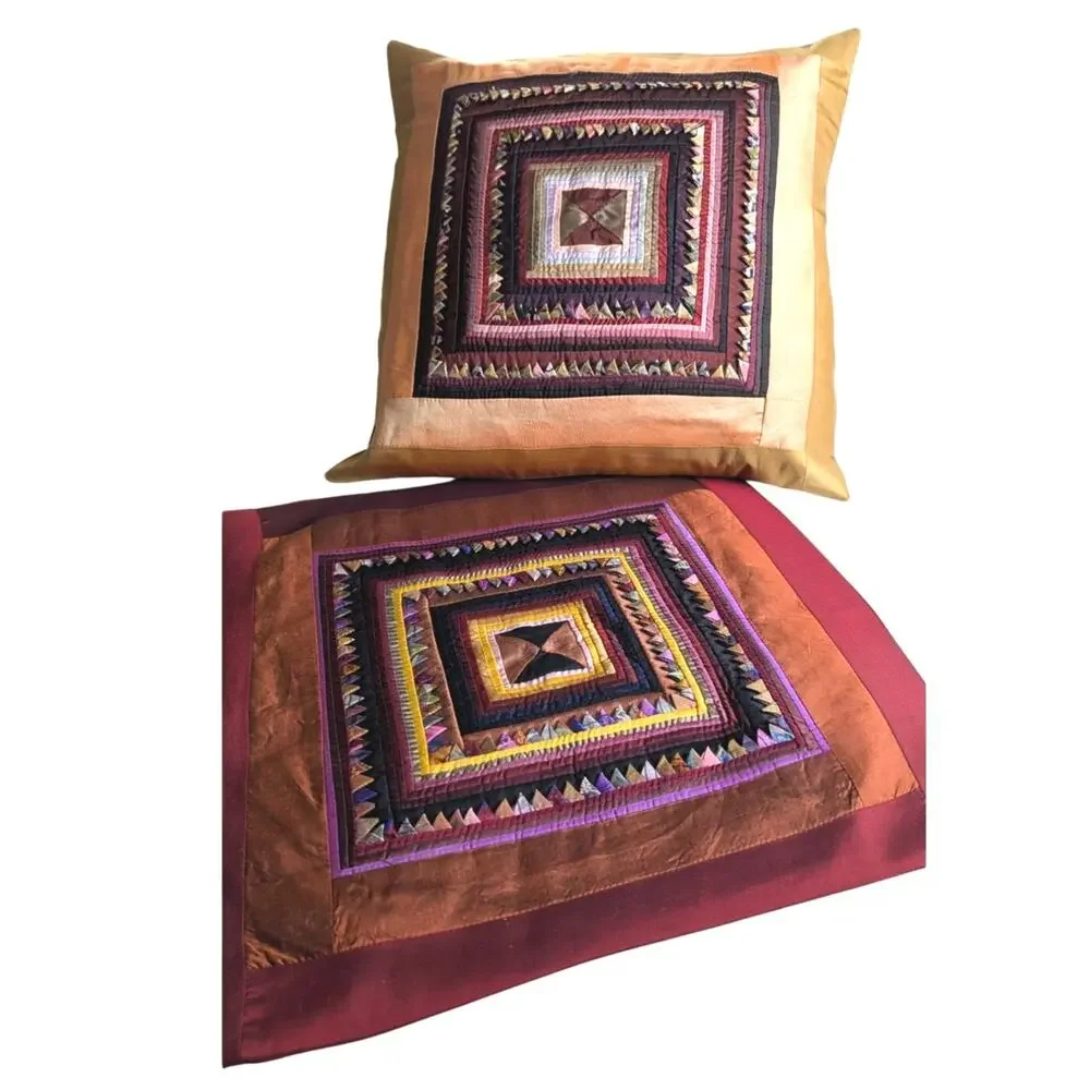 Pair of Handmade Prairie Point Quilted Pillow Covers - Boho Silk-Style Textural